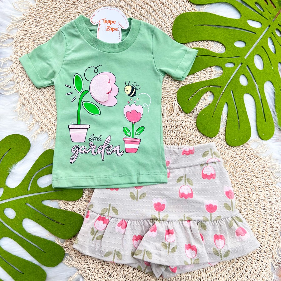  Conj. Blusa Little Garden e Short Saia Flores - Verde